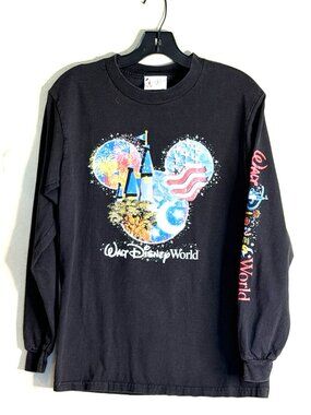 Walt Disney World Castle & Fireworks In Red White Blue Flag Black Shirt Size Sm
